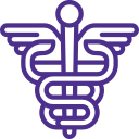 Purple healthcare symbol with a staff wrapped by two snakes and a pair of wings.